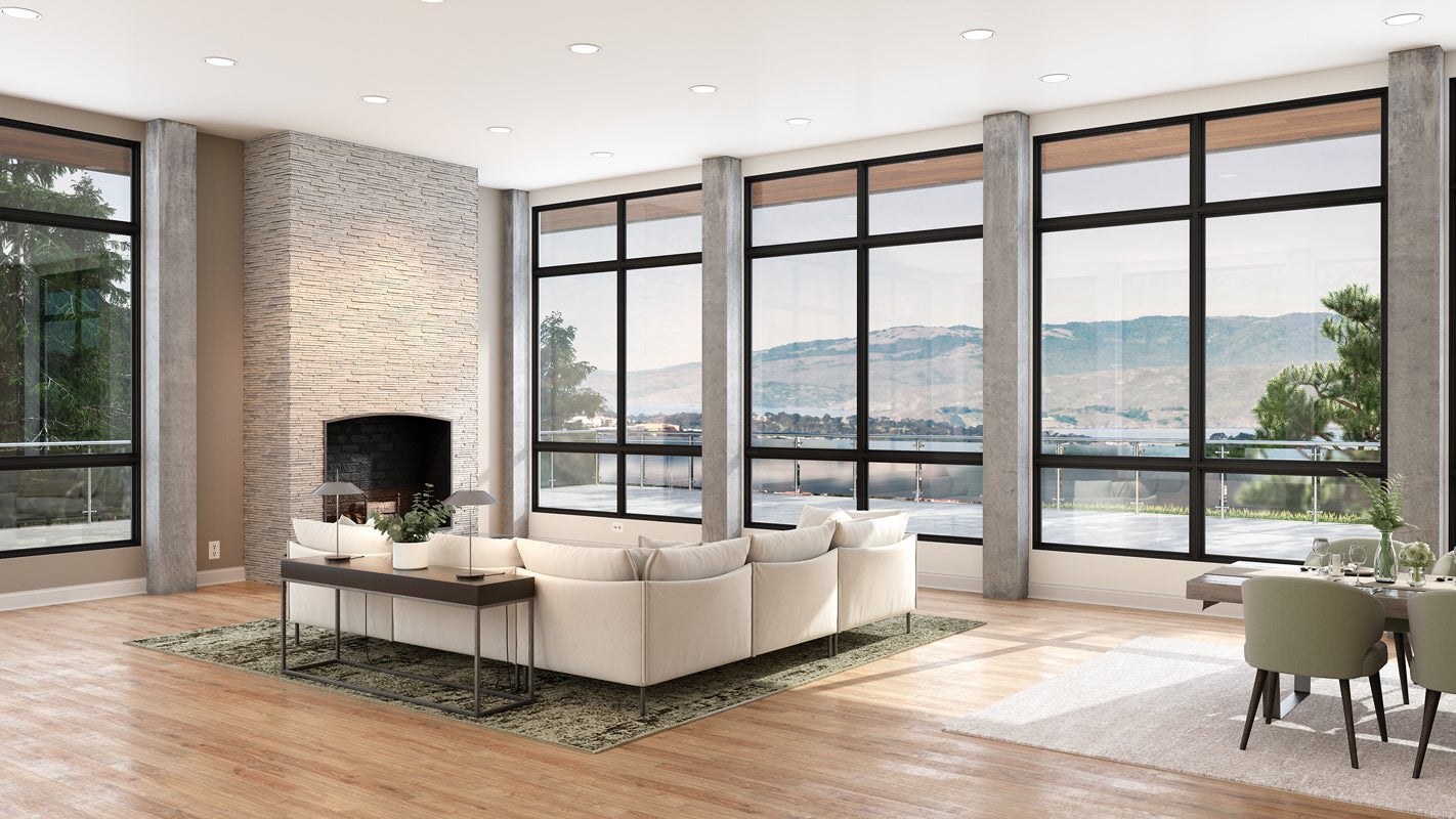 Black Ultra Series | C650 fiberglass windows Black Frame Ultra Series C650 fiberglass windows in livingroom with fireplace
