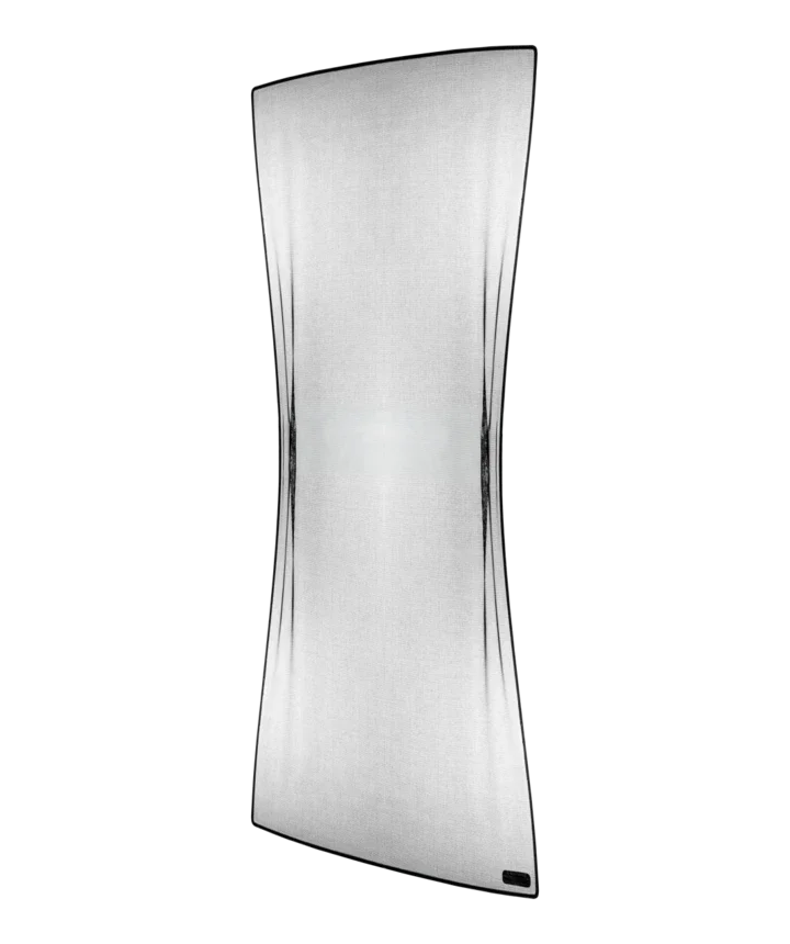 A FlexScreen window screen demonstrating its flexibility, shown bowed and twisted into an hourglass shape against a black background to highlight its bendable, durable mesh and frame construction.