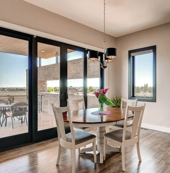 Dining room area facing sliding doors
