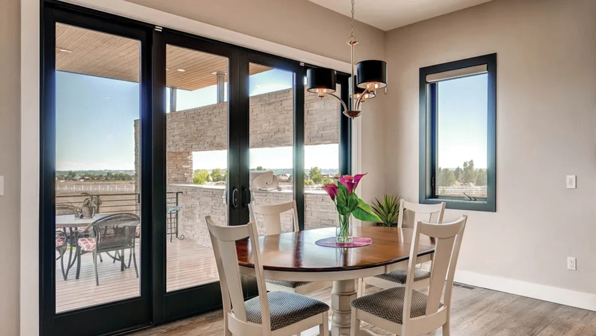 Dining room area facing sliding doors