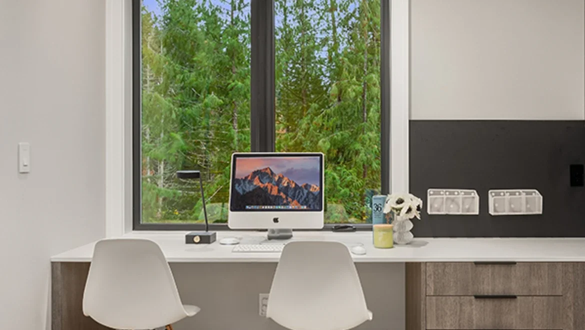 Office room with black casement windows