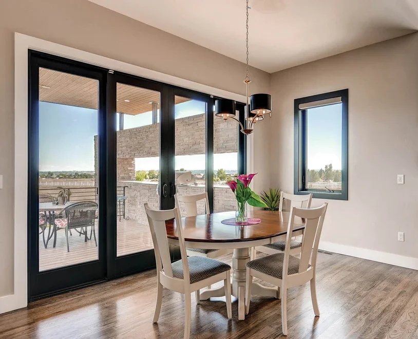 Dining room area facing sliding doors