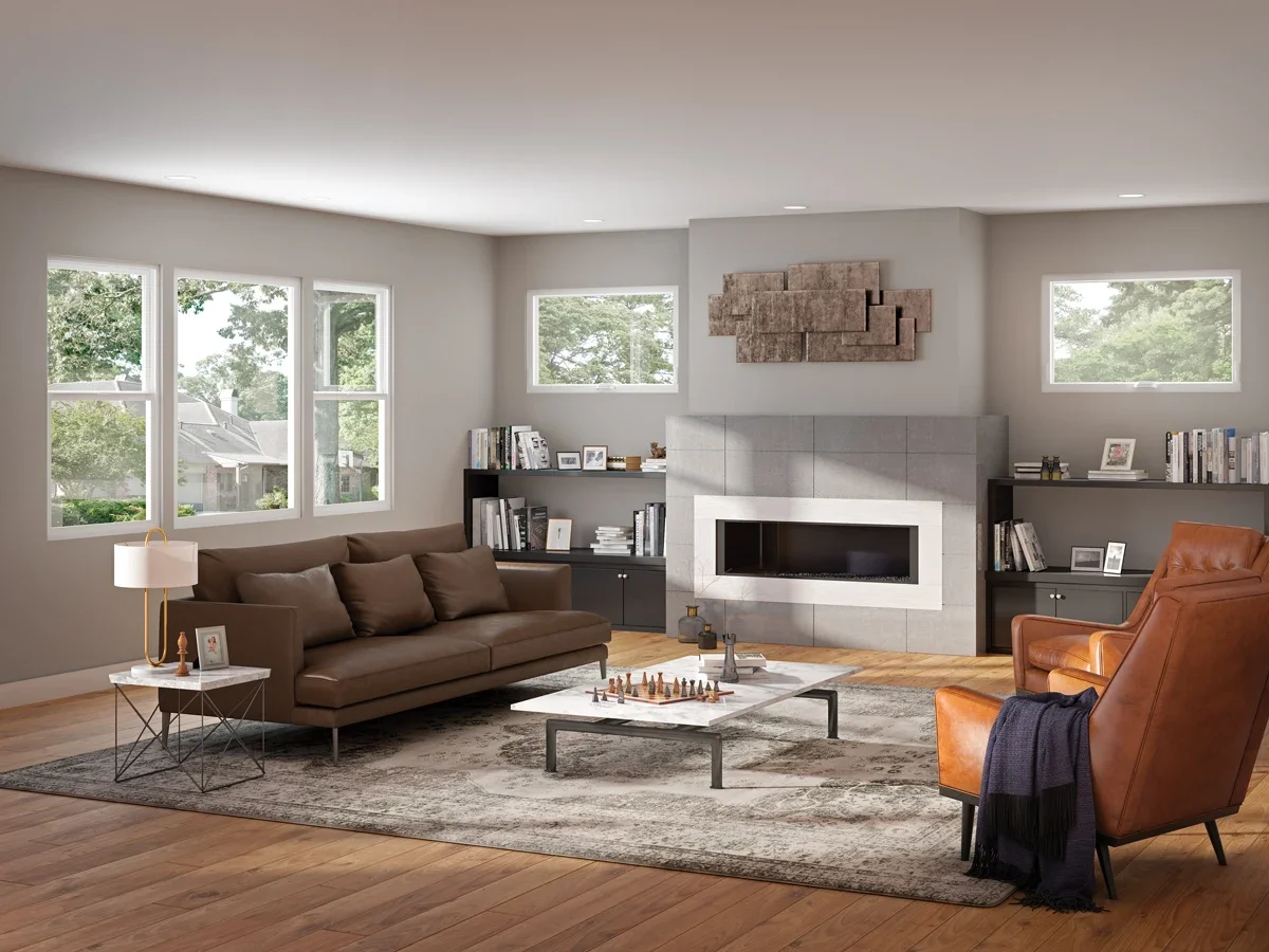 Front living area showing wall of window combinations