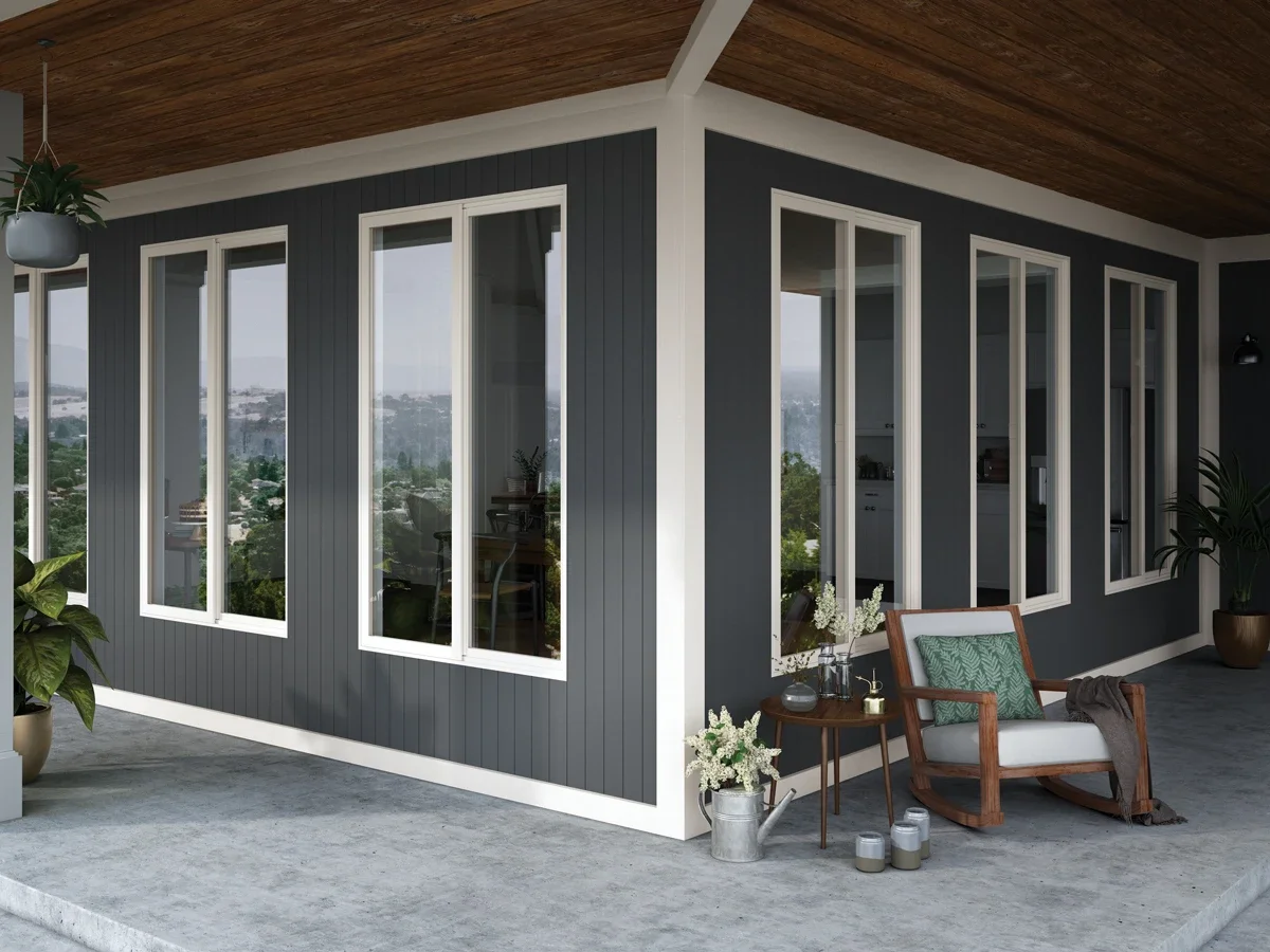 Exterior of home showing white windows