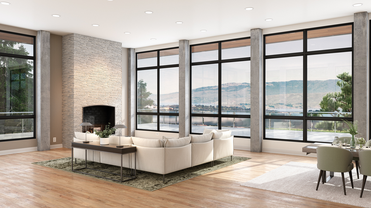 Black Frame Ultra Series C650 fiberglass windows in livingroom with fireplace