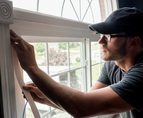  A man installing trim on a window
