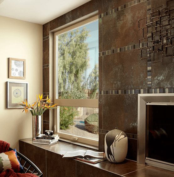 Living room facing window with tiled hearth  