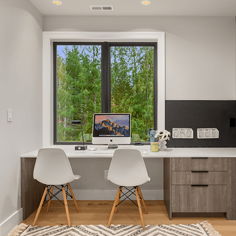 Office room with black casement windows
