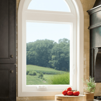 White Casement window above kitchen countertop