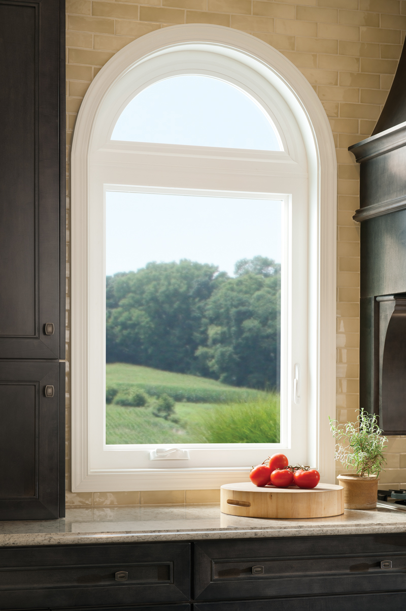 White Casement window above kitchen countertop