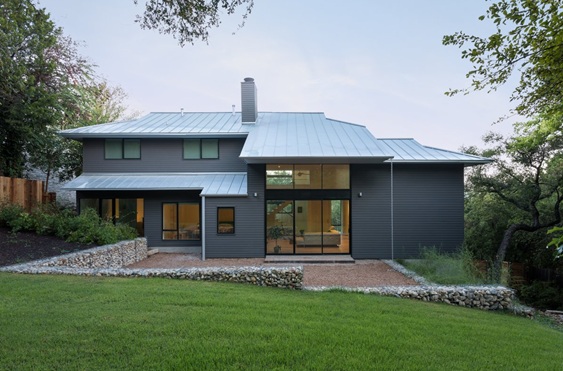 Milgard Thermally Improved Aluminum Windows and Sliding Patio Door on Contemporary Remodeled Home with Grey Exterior