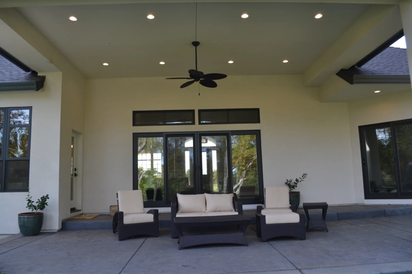 Black window frames exterior view of the patio