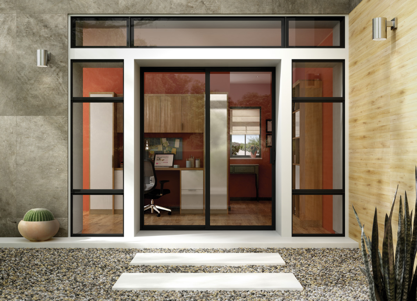 Dark Aluminum Sliding Glass Doors Exterior View into office area with transom windows above and on sides