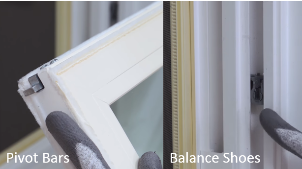 Photo showing pivot bars and balance shoes of a double hung window