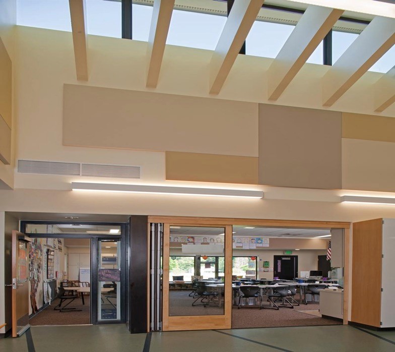 Interior Window view of a school classroom.